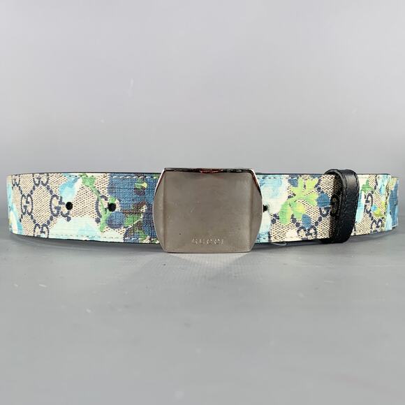 GUCCI Size 34 Blue Grey Floral Canvas Belt - Picture 1 of 7